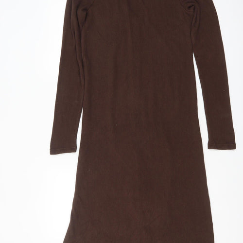Zara Women Brown Midi Button Front Long Sleeve Knit Bodycon Dress Size S