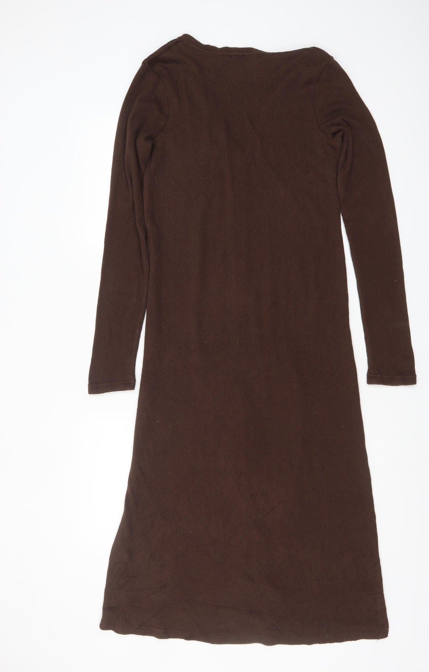 Zara Women Brown Midi Button Front Long Sleeve Knit Bodycon Dress Size S
