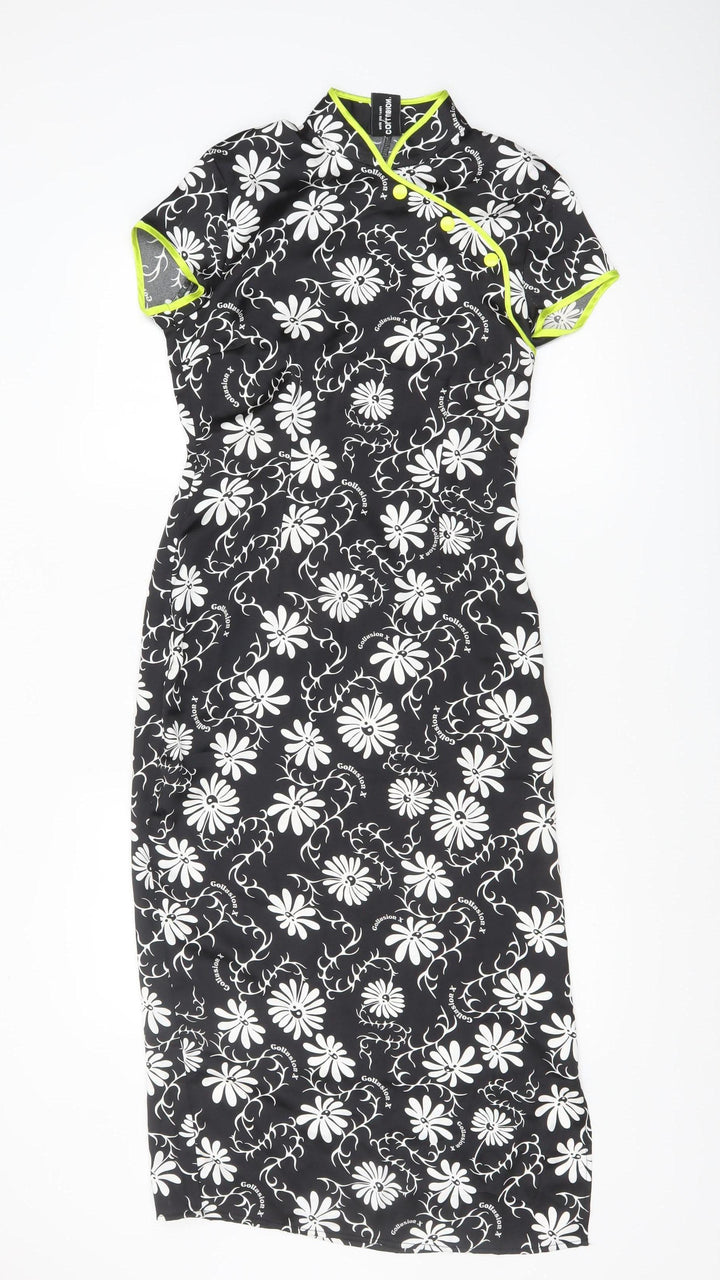 Collusion Women's Black Floral Sheath Dress Size 8 Short Sleeve Midi