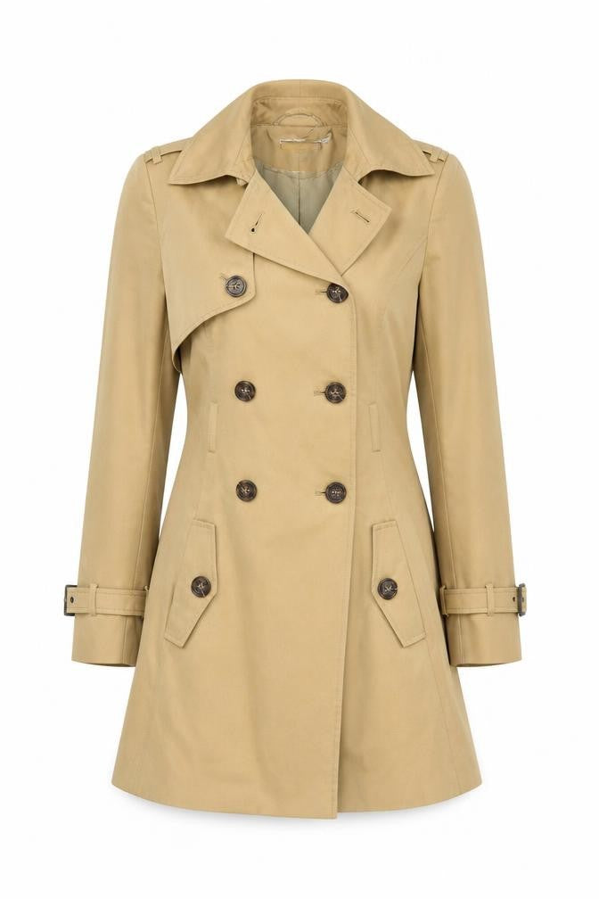 Front view of ASOS Women's Beige Trench Coat, size 4, Belted Classic Mid-Length