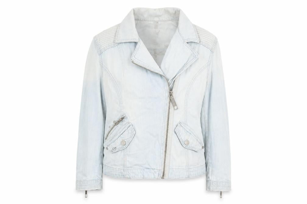 Front view of River Island women’s blue denim biker jacket, size UK 8
