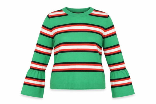 Front view of ASOS women’s multicoloured striped jumper, size UK 6, bell sleeve knit