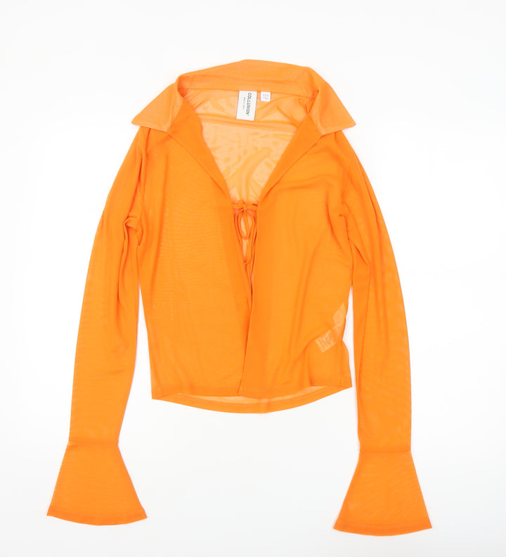 Collusion Womens Orange Mesh Long Sleeve Cropped Blouse UK 10