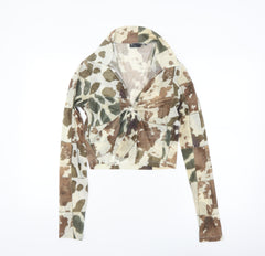ASOS DESIGN Women Brown Camouflage Cropped Mesh Tie Blouse Size 12