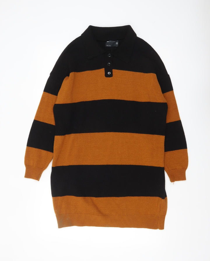 ASOS Women’s Black Brown Striped Collared Henley Jumper Size 8
