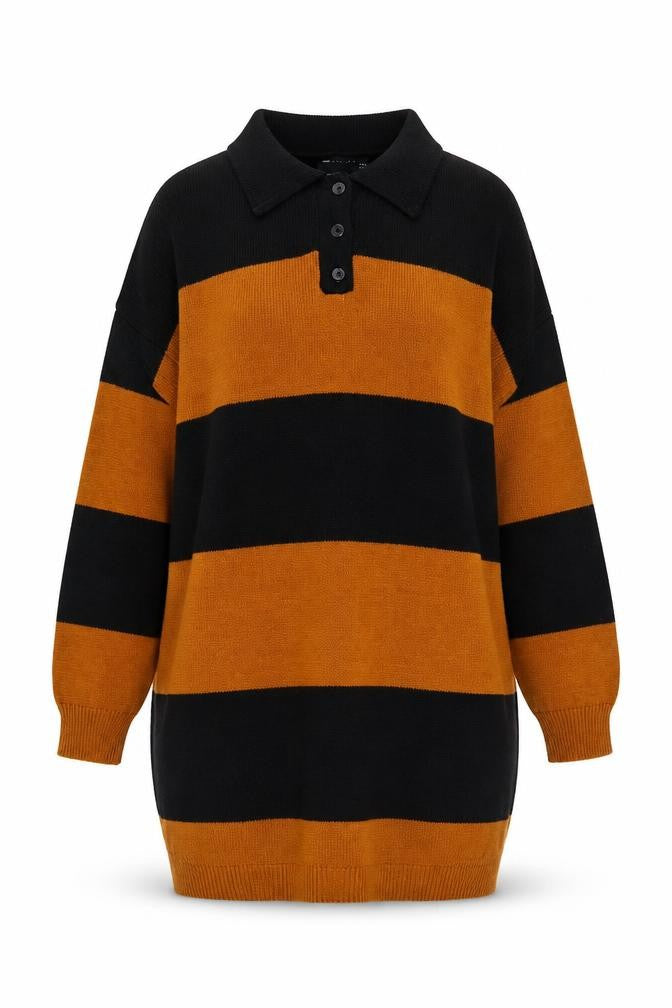 ASOS Women’s Black Brown Striped Collared Henley Jumper Size 8