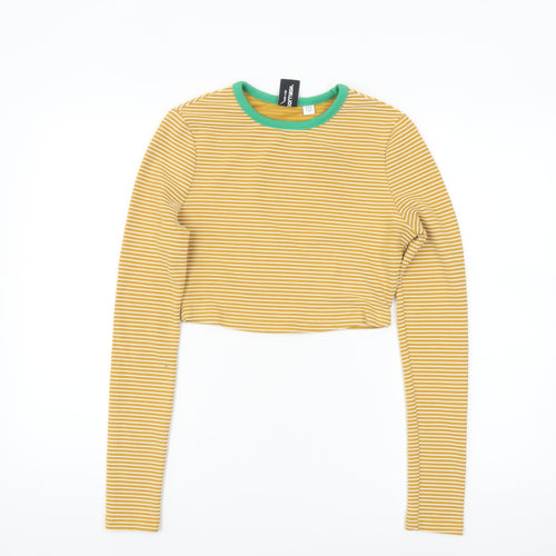 Collusion Women’s Yellow Striped Cropped Long Sleeve T-Shirt Size 8