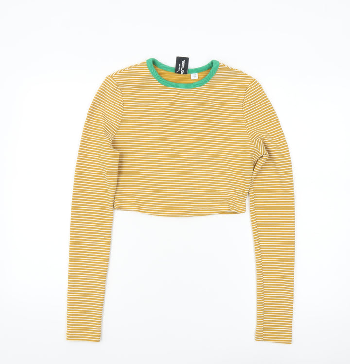 Collusion Women’s Yellow Striped Cropped Long Sleeve T-Shirt Size 8