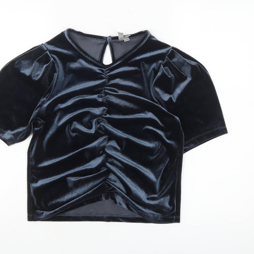 ASOS Women Blue Velvet Cropped Blouse Size 8 Puff Sleeve