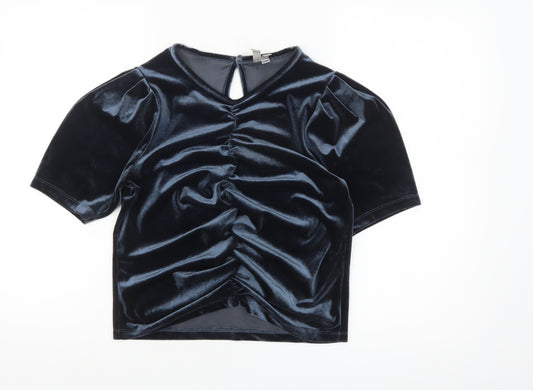 ASOS Women Blue Velvet Cropped Blouse Size 8 Puff Sleeve