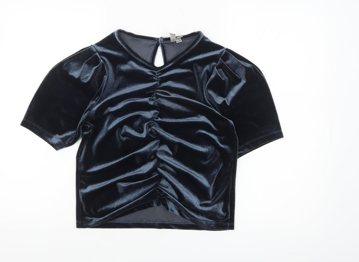 ASOS Women Blue Velvet Cropped Blouse Size 8 Puff Sleeve