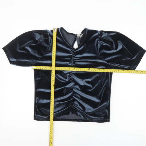 ASOS Women Blue Velvet Cropped Blouse Size 8 Puff Sleeve