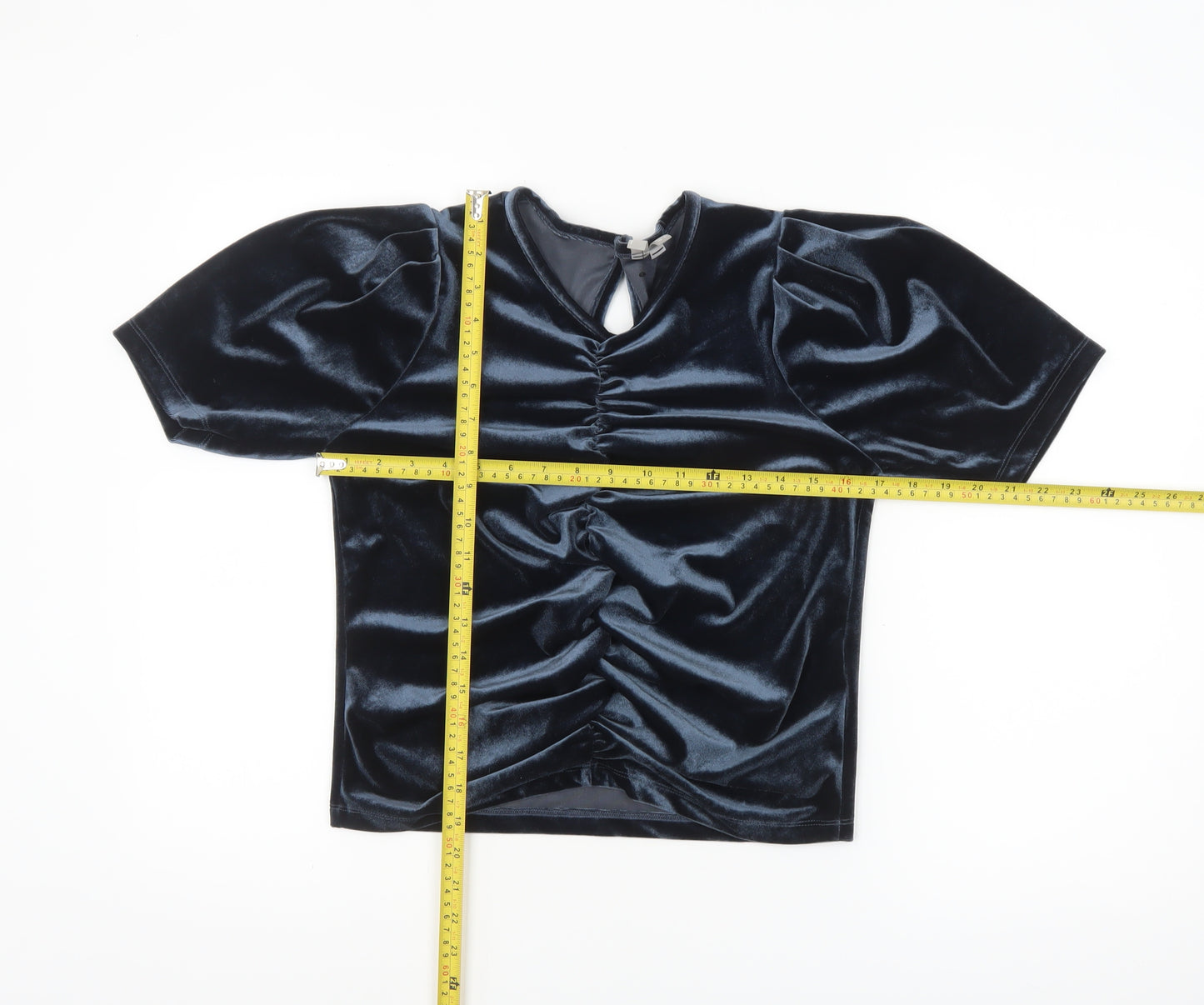 ASOS Women Blue Velvet Cropped Blouse Size 8 Puff Sleeve