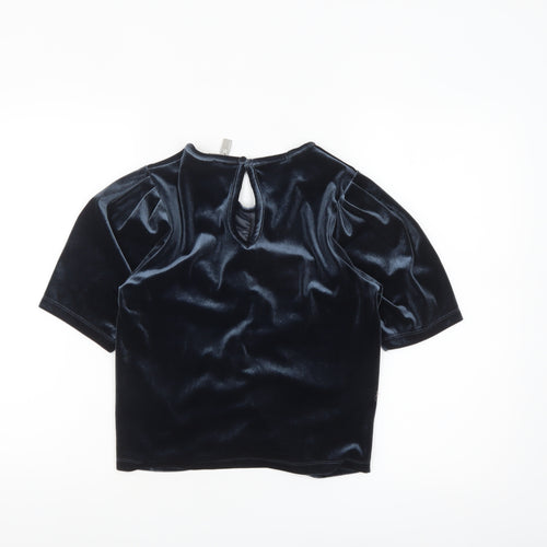 ASOS Women Blue Velvet Cropped Blouse Size 8 Puff Sleeve