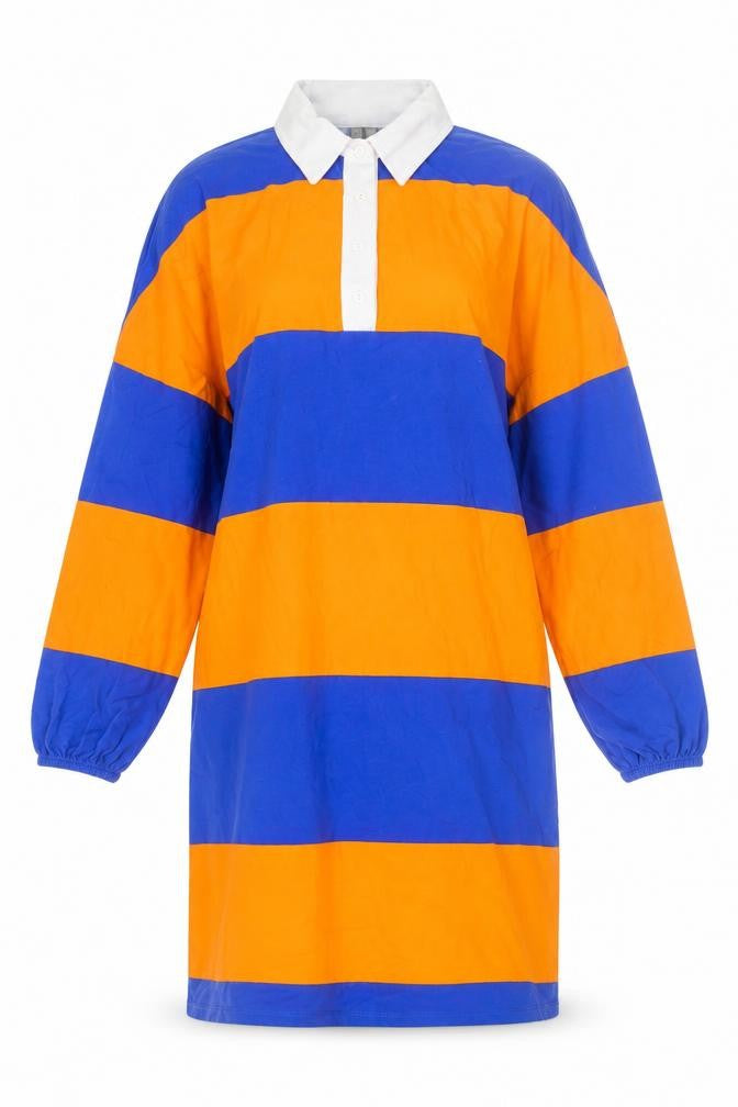 Front view of ASOS Women's Blue Orange Collared Striped Shirt Dress, size 8
