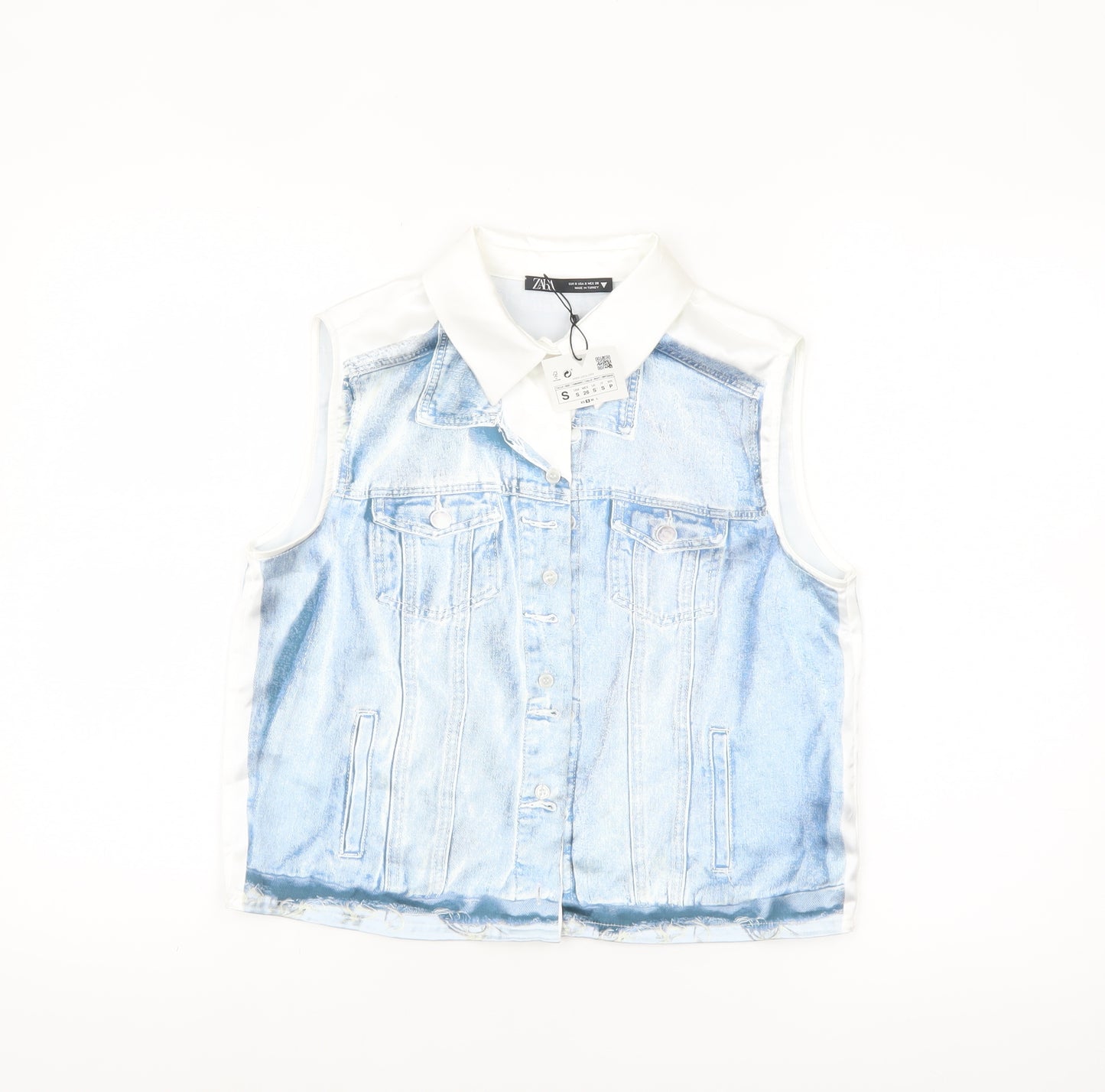 ZARA Women Blue Collared Sleeveless Cropped Button-Up Top Size S