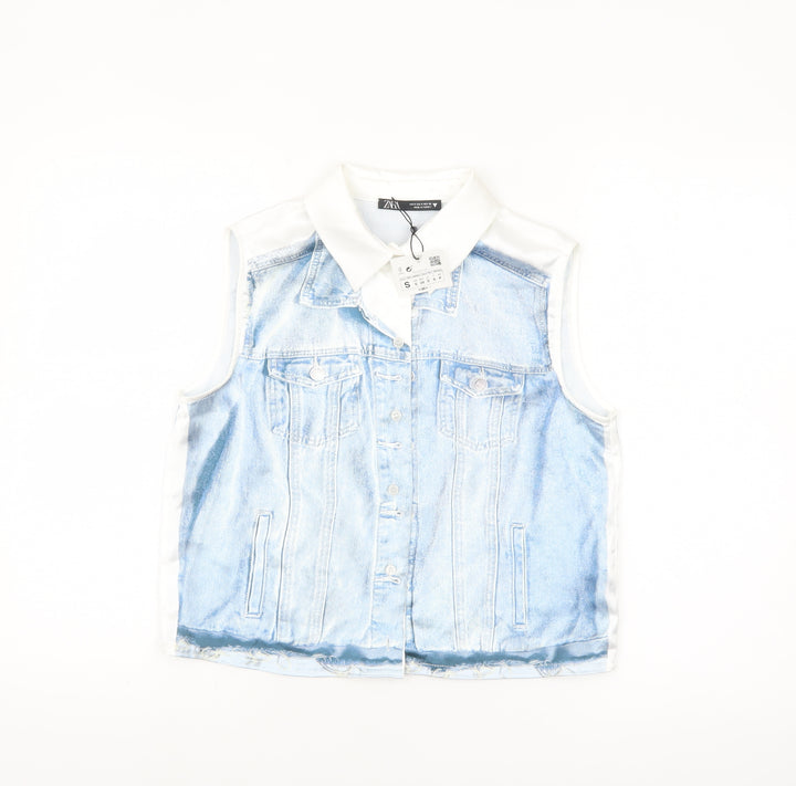ZARA Women Blue Collared Sleeveless Cropped Button-Up Top Size S