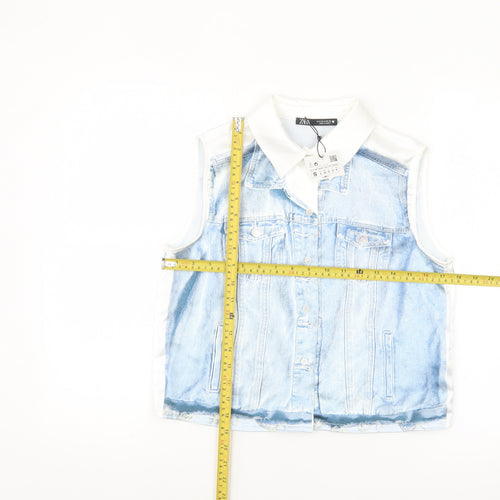 ZARA Women Blue Collared Sleeveless Cropped Button-Up Top Size S