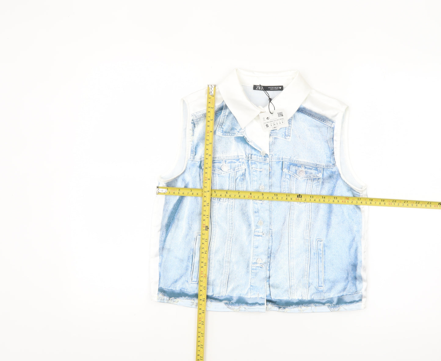ZARA Women Blue Collared Sleeveless Cropped Button-Up Top Size S