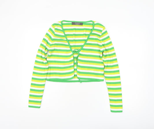 Primark Women Green Yellow Striped Cardigan M Acrylic Long Sleeve