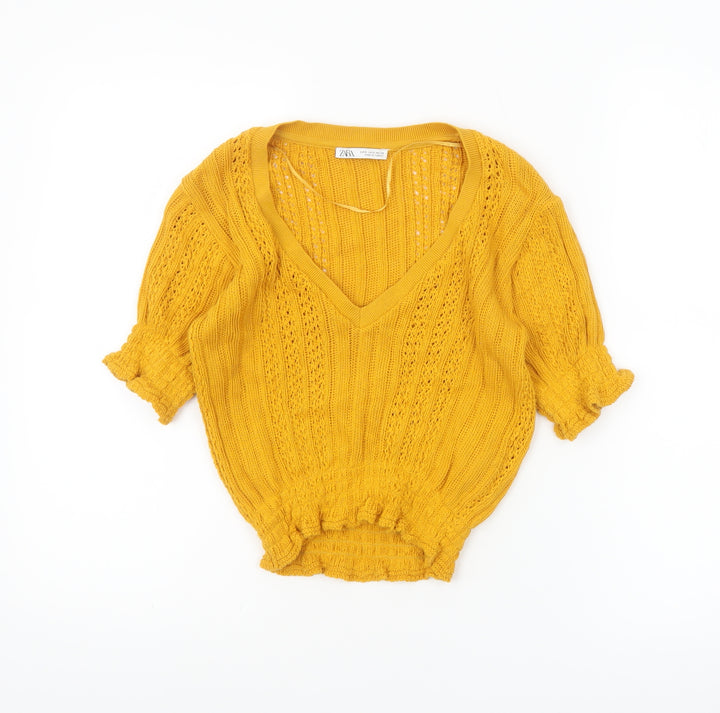 ZARA Women's Yellow Cropped Knit Cotton Blouse Size S V-Neck Short Sleeve
