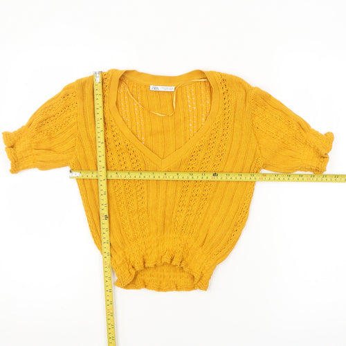 ZARA Women's Yellow Cropped Knit Cotton Blouse Size S V-Neck Short Sleeve