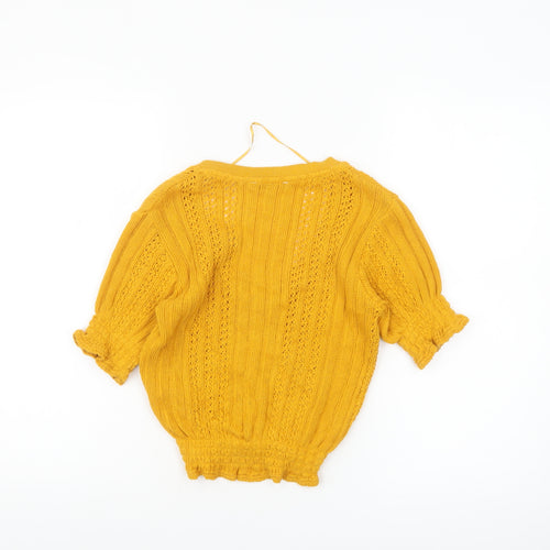 ZARA Women's Yellow Cropped Knit Cotton Blouse Size S V-Neck Short Sleeve