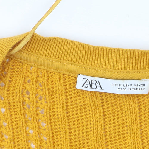 ZARA Women's Yellow Cropped Knit Cotton Blouse Size S V-Neck Short Sleeve