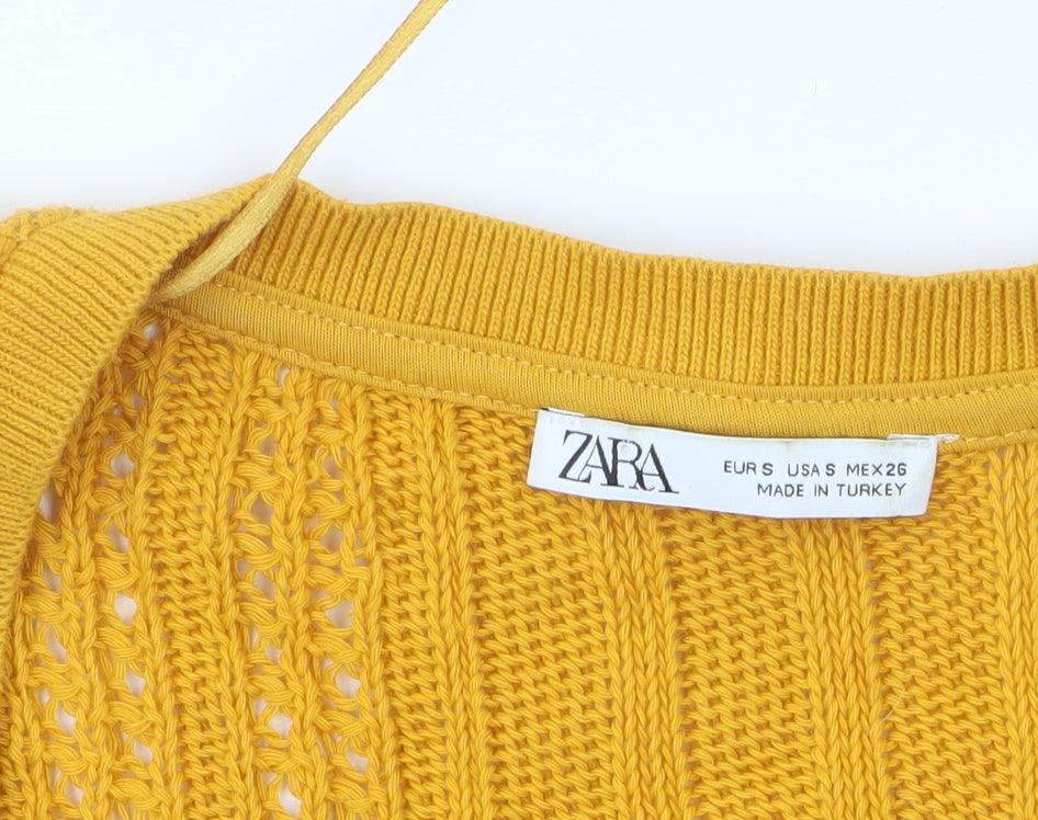 ZARA Women's Yellow Cropped Knit Cotton Blouse Size S V-Neck Short Sleeve