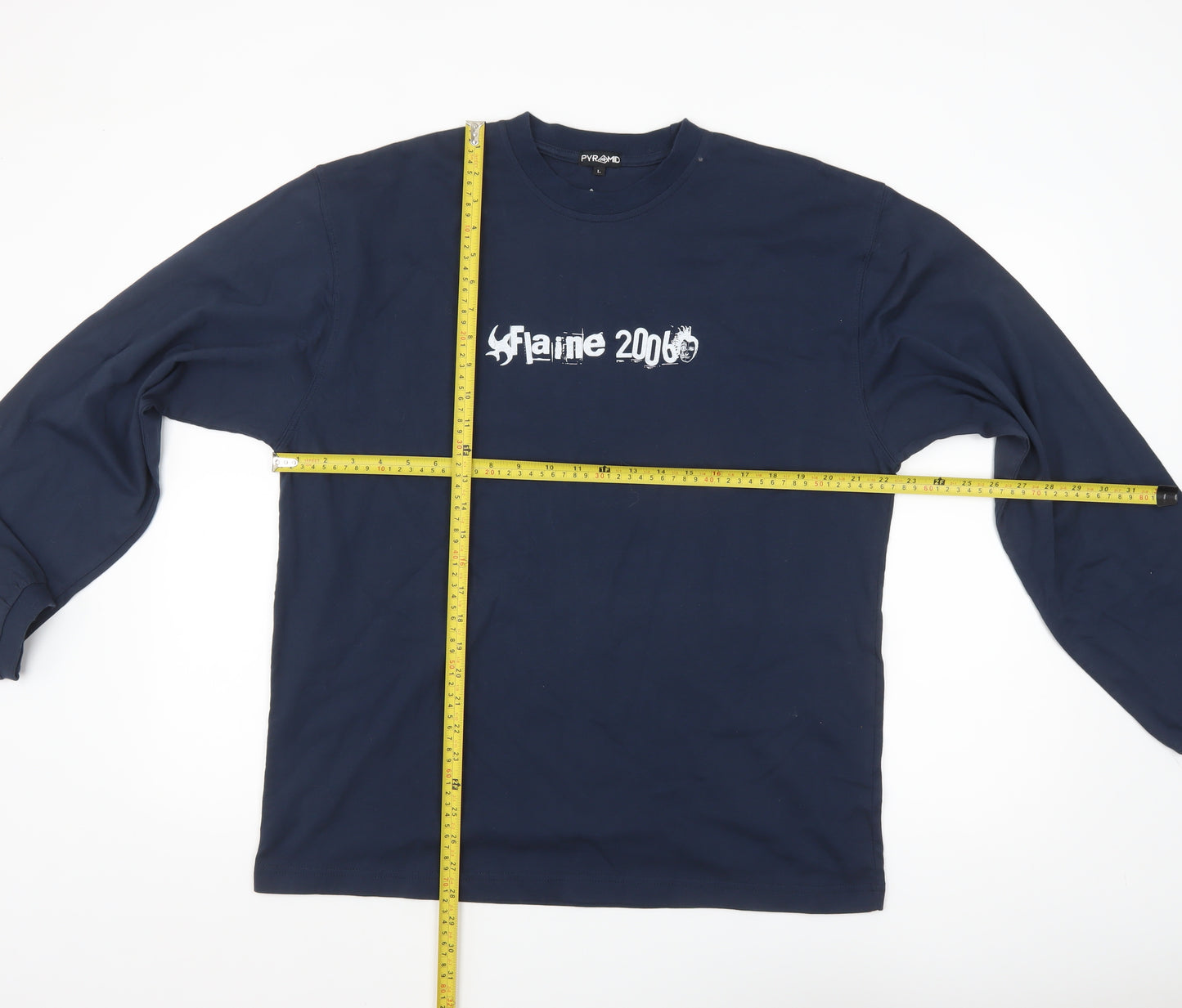 Pyramid Mens Blue Long Sleeve 2006 Graphic Cotton Top L
