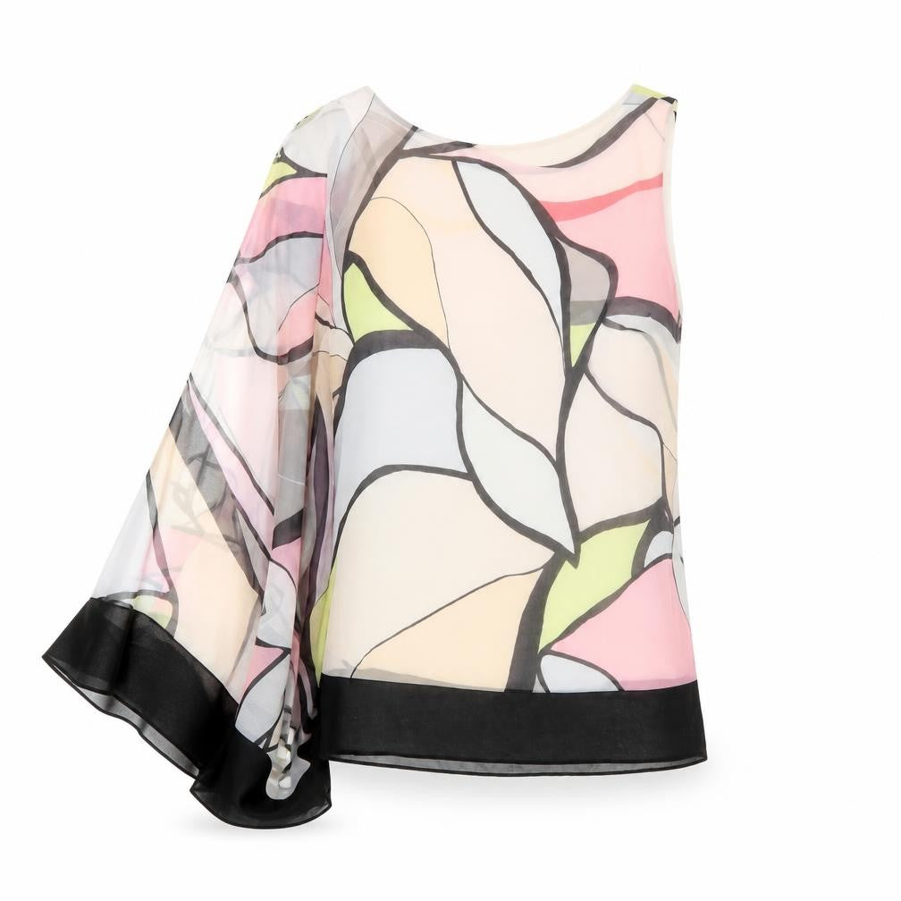 Front view of Coast women’s multicoloured asymmetrical chiffon blouse, size UK 6
