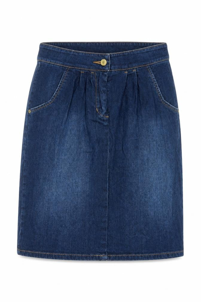 Front view of Joules Women's Blue Denim Knee Length Skirt, size 8