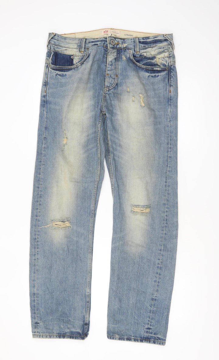 River Island Men's Blue Straight Distressed Jeans Size 32x32