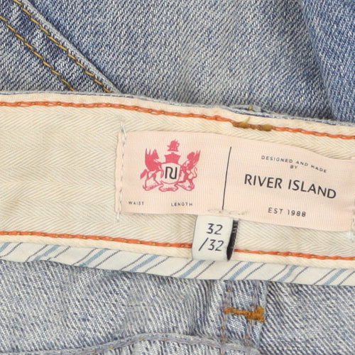 River Island Men's Blue Straight Distressed Jeans Size 32x32