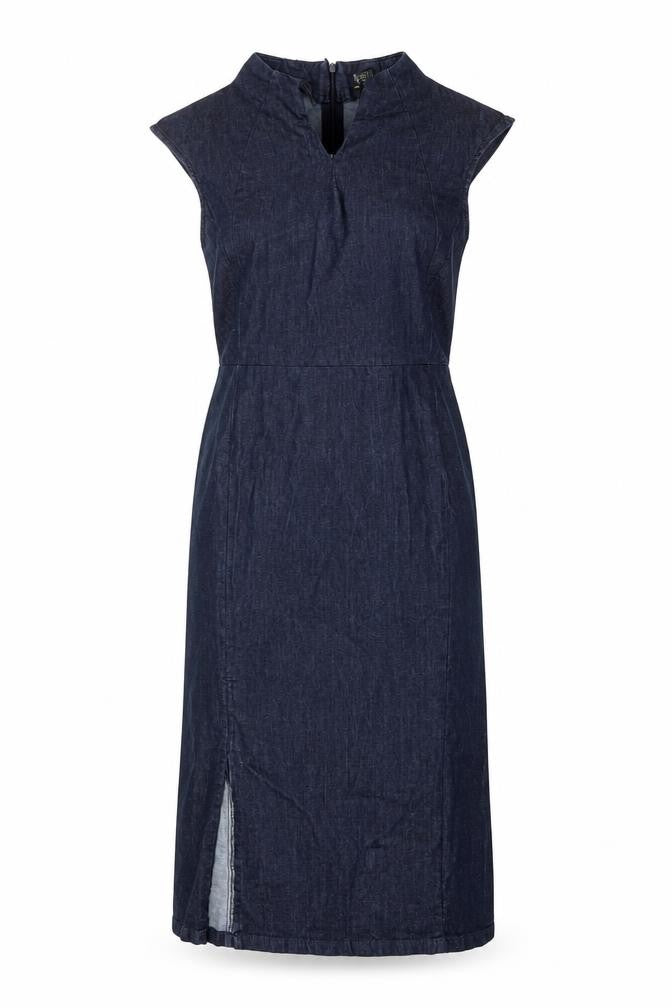 Front view of Zara Basic Women Blue Denim Sheath Dress, size S, Sleeveless Midi Zip Back
