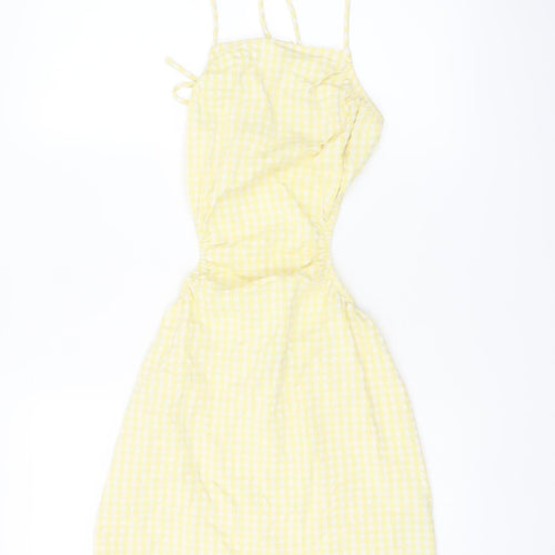 Bershka Women Yellow Check Cut Out Slip Dress Size S