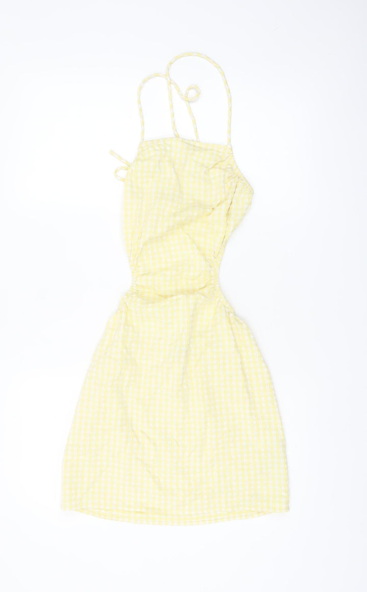 Bershka Women Yellow Check Cut Out Slip Dress Size S