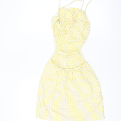 Bershka Women Yellow Check Cut Out Slip Dress Size S