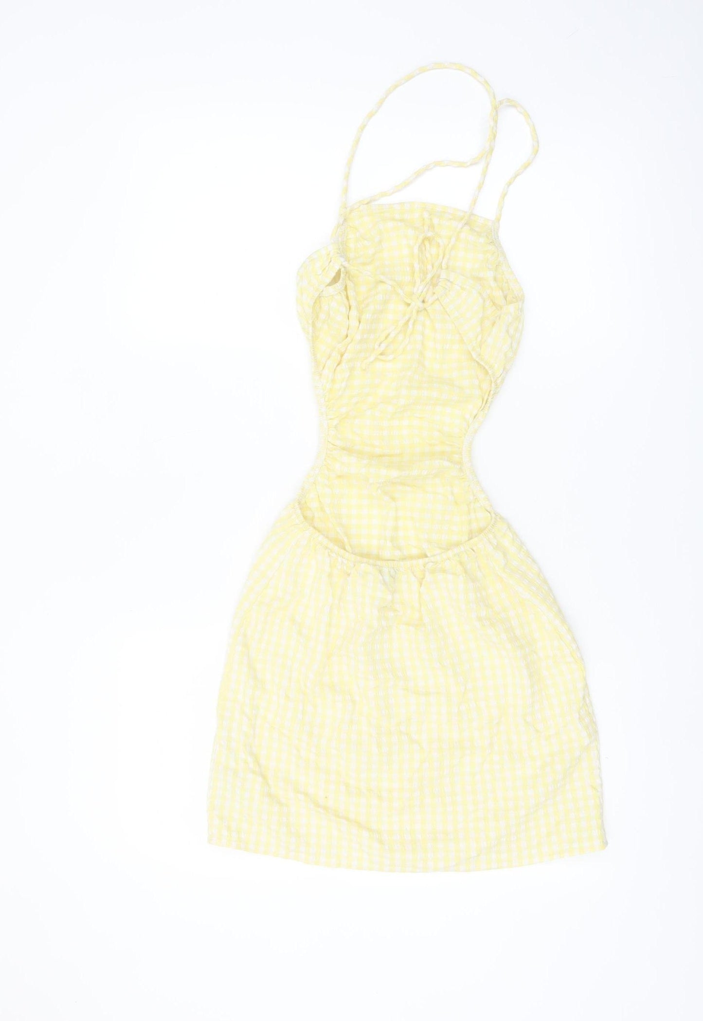 Bershka Women Yellow Check Cut Out Slip Dress Size S