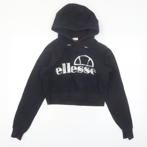 Ellesse Women's Black Crop Hoodie UK 8 Logo Pullover Sweatshirt