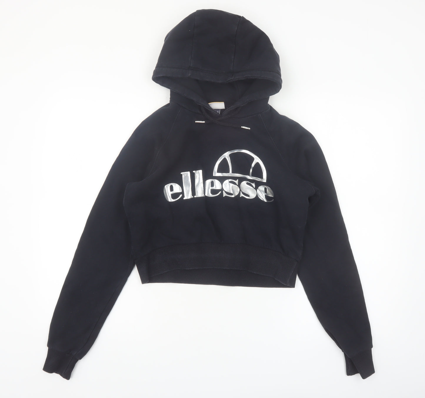 Ellesse Women's Black Crop Hoodie UK 8 Logo Pullover Sweatshirt