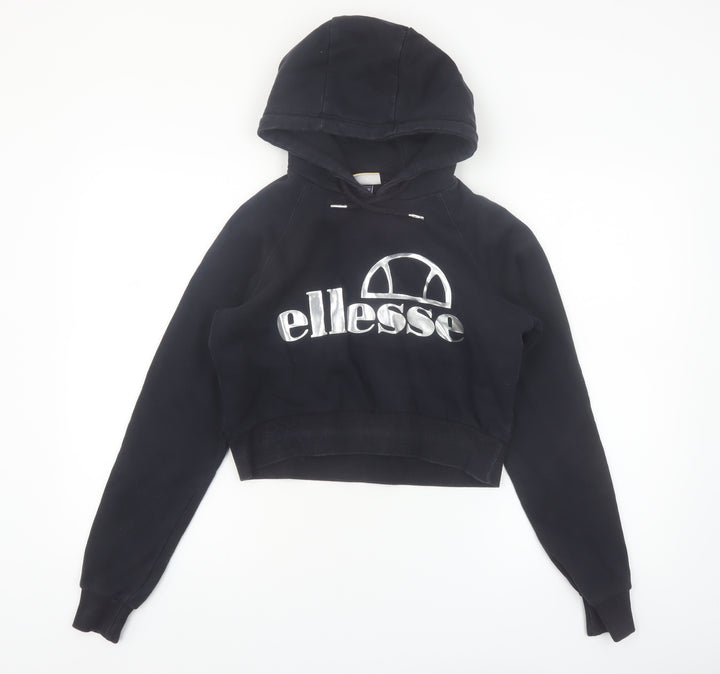 Ellesse Women's Black Crop Hoodie UK 8 Logo Pullover Sweatshirt