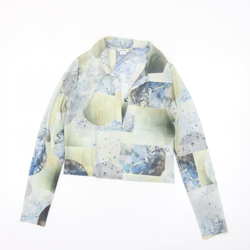 Monki Women Multicoloured Mesh Cropped Collared Long Sleeve Blouse M
