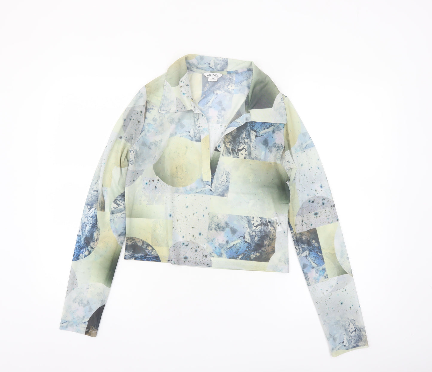 Monki Women Multicoloured Mesh Cropped Collared Long Sleeve Blouse M