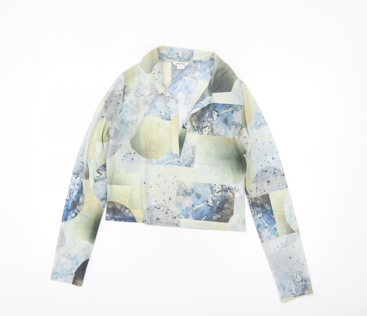Monki Women Multicoloured Mesh Cropped Collared Long Sleeve Blouse M