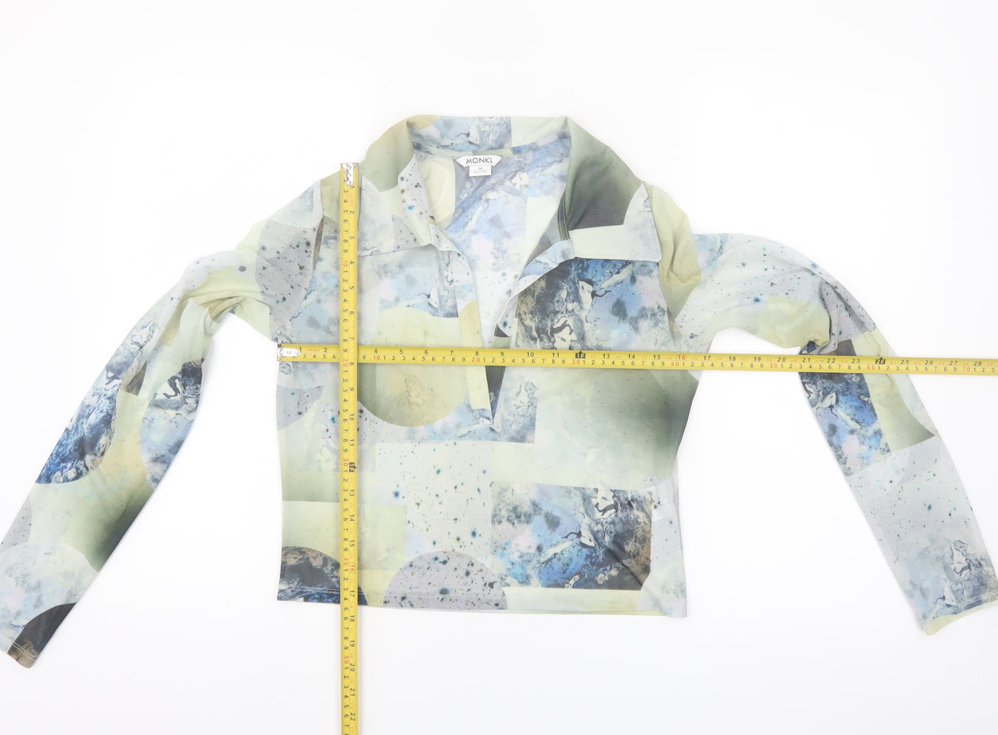 Monki Women Multicoloured Mesh Cropped Collared Long Sleeve Blouse M