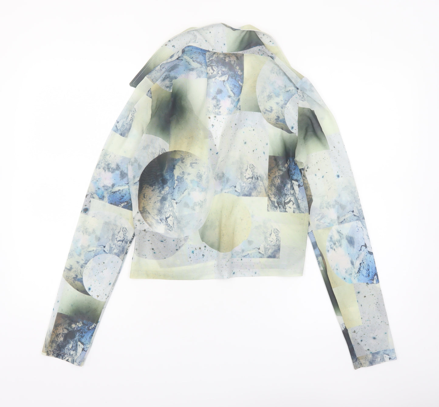 Monki Women Multicoloured Mesh Cropped Collared Long Sleeve Blouse M