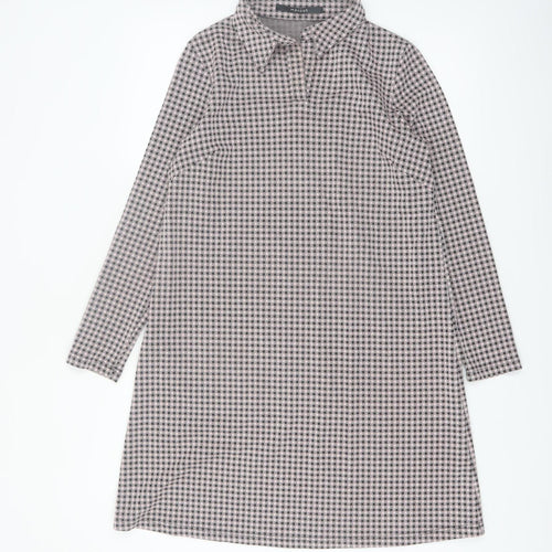 Monton Women Black & White Houndstooth Collared Long Sleeve Shift Dress UK10