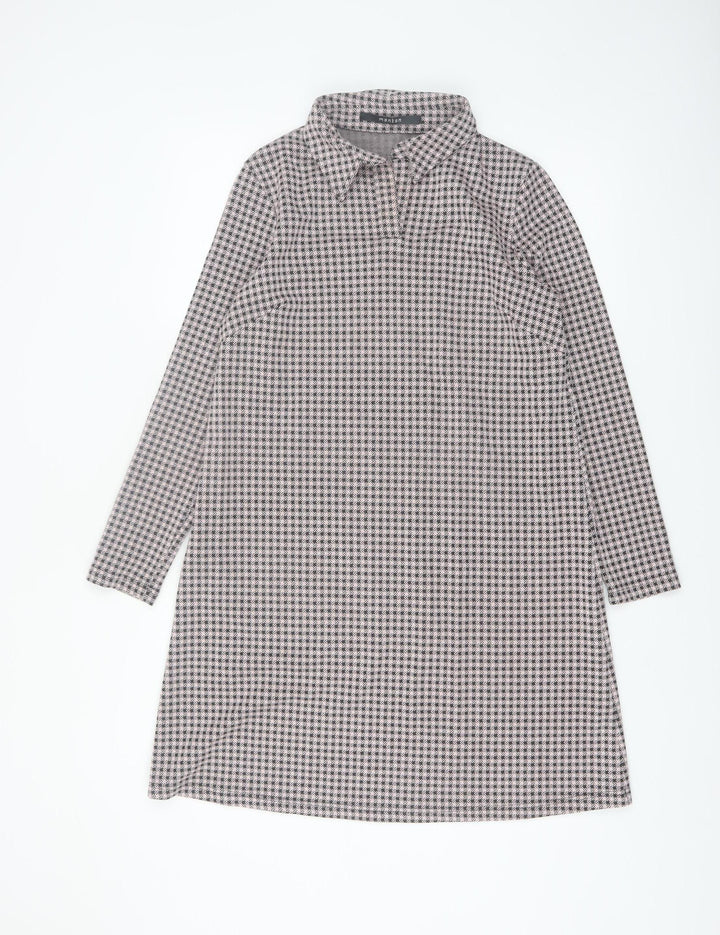 Monton Women Black & White Houndstooth Collared Long Sleeve Shift Dress UK10