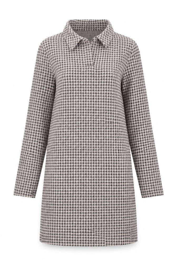 Front view of Monton Women Black & White Houndstooth Collared Long Sleeve Shift Dress UK10